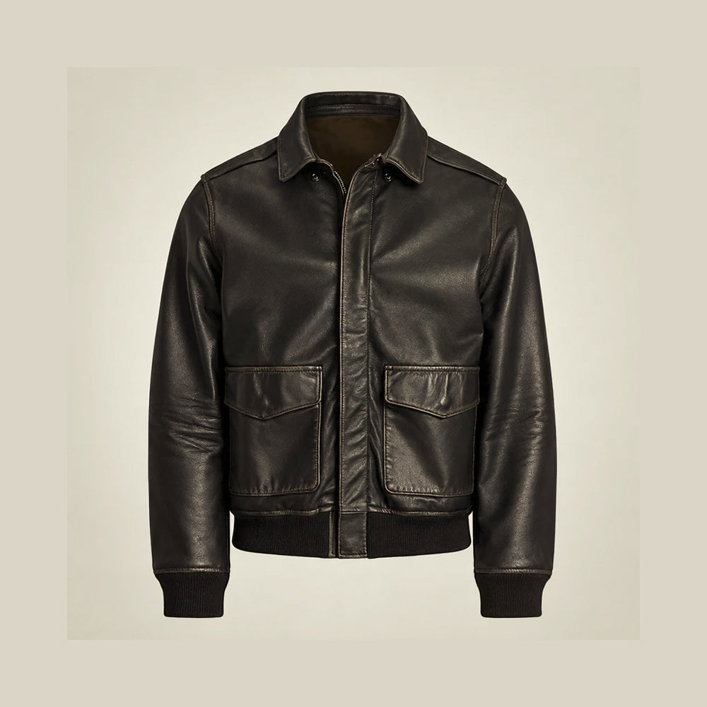 Front flat lay of men’s black lambskin flight bomber jacket with point collar, concealed zipper and flap pockets