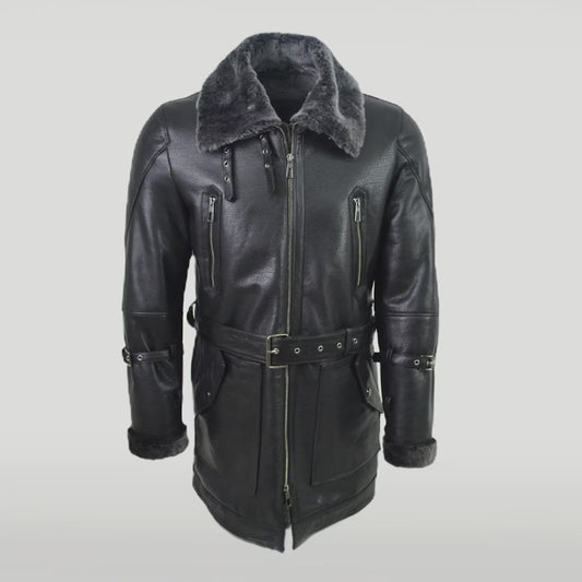Men's Black Leather Aviator Shearling Coat with grey collar front view