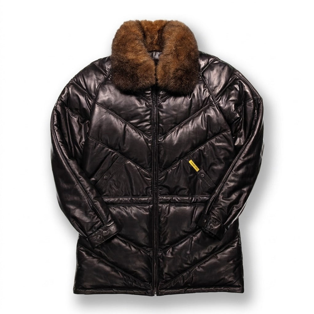 Men's black leather V-parka coat with detachable opossum fur collar, front view