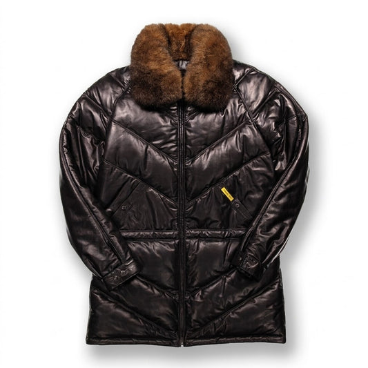 Men's black leather V-parka coat with detachable opossum fur collar, front view