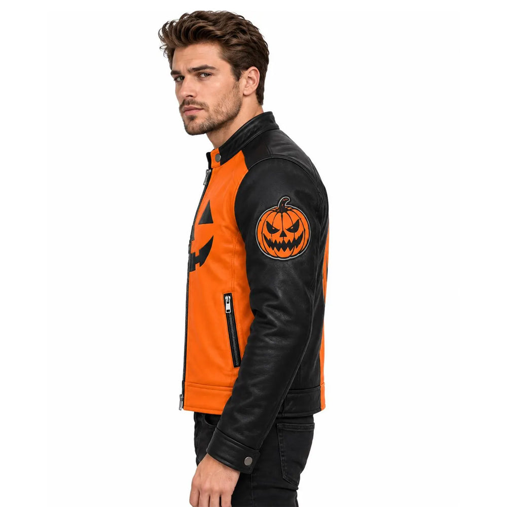 Side view of men’s black and orange Halloween jacket with pumpkin sleeve patch
