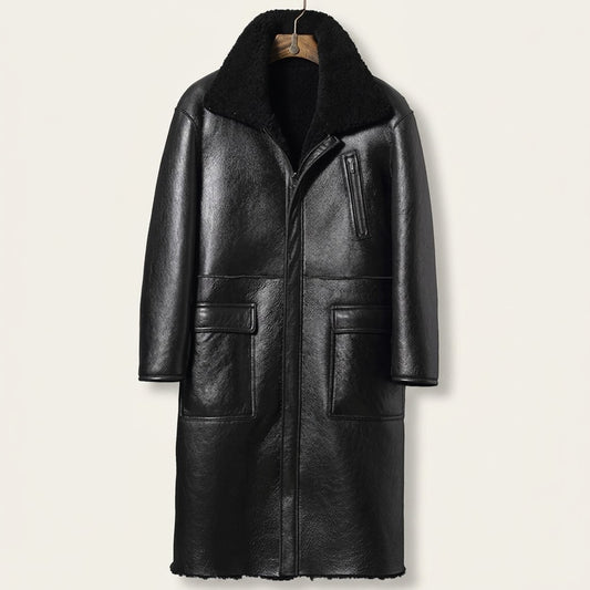 Black reversible shearling leather trench coat displayed on hanger