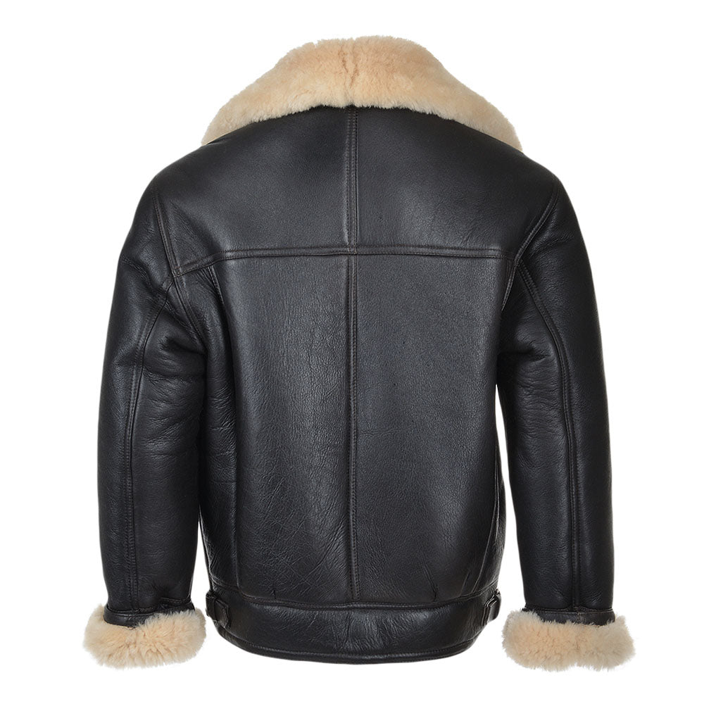 Back view of men's black shearling biker jacket showing 4-panel cross seam stitching and beige fur hem