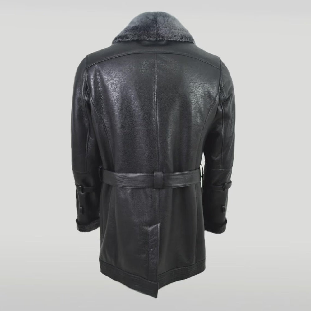 Back view of men's black shearling coat with belted waist and vent