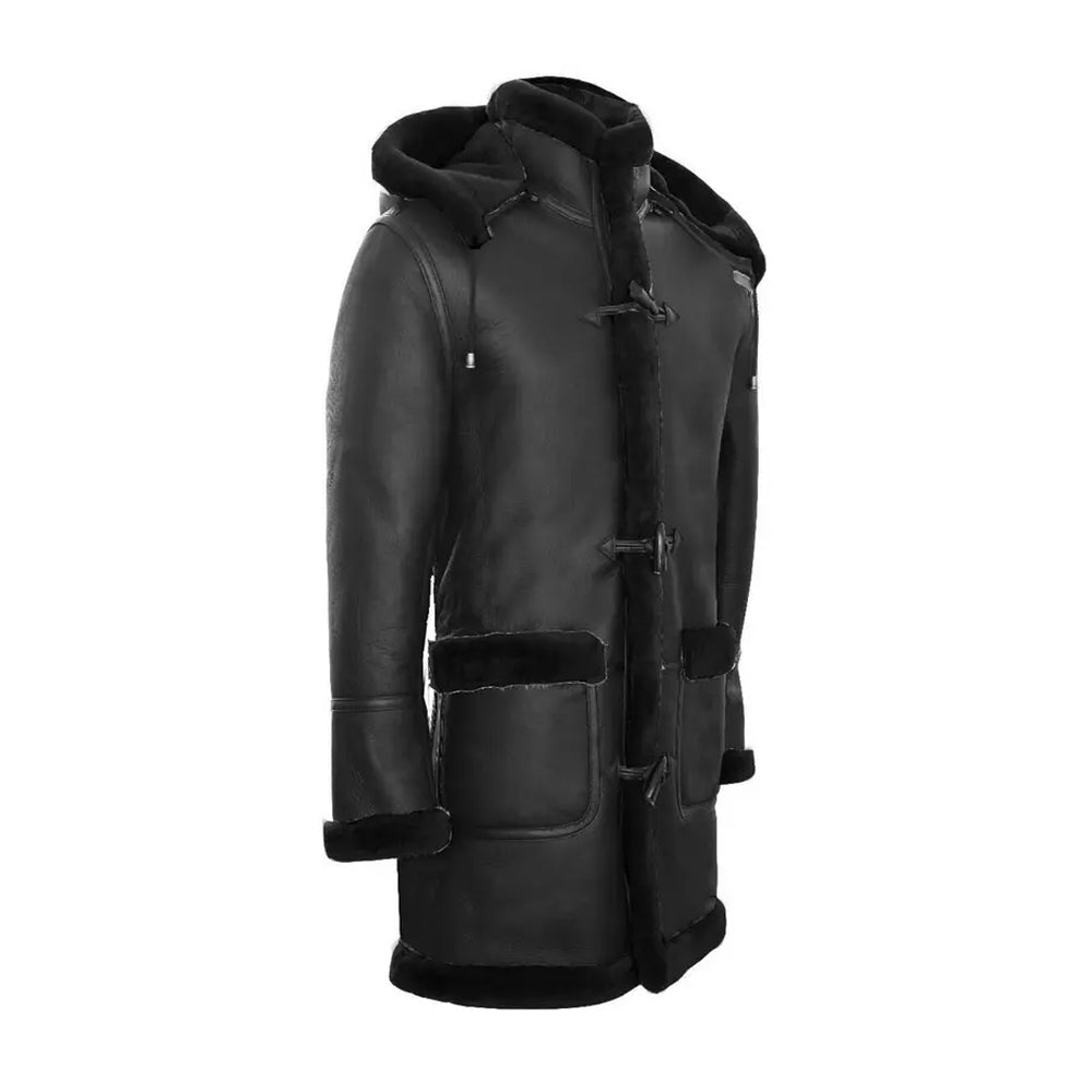 Side view of men's black shearling duffle coat showing toggle closures and waist pocket