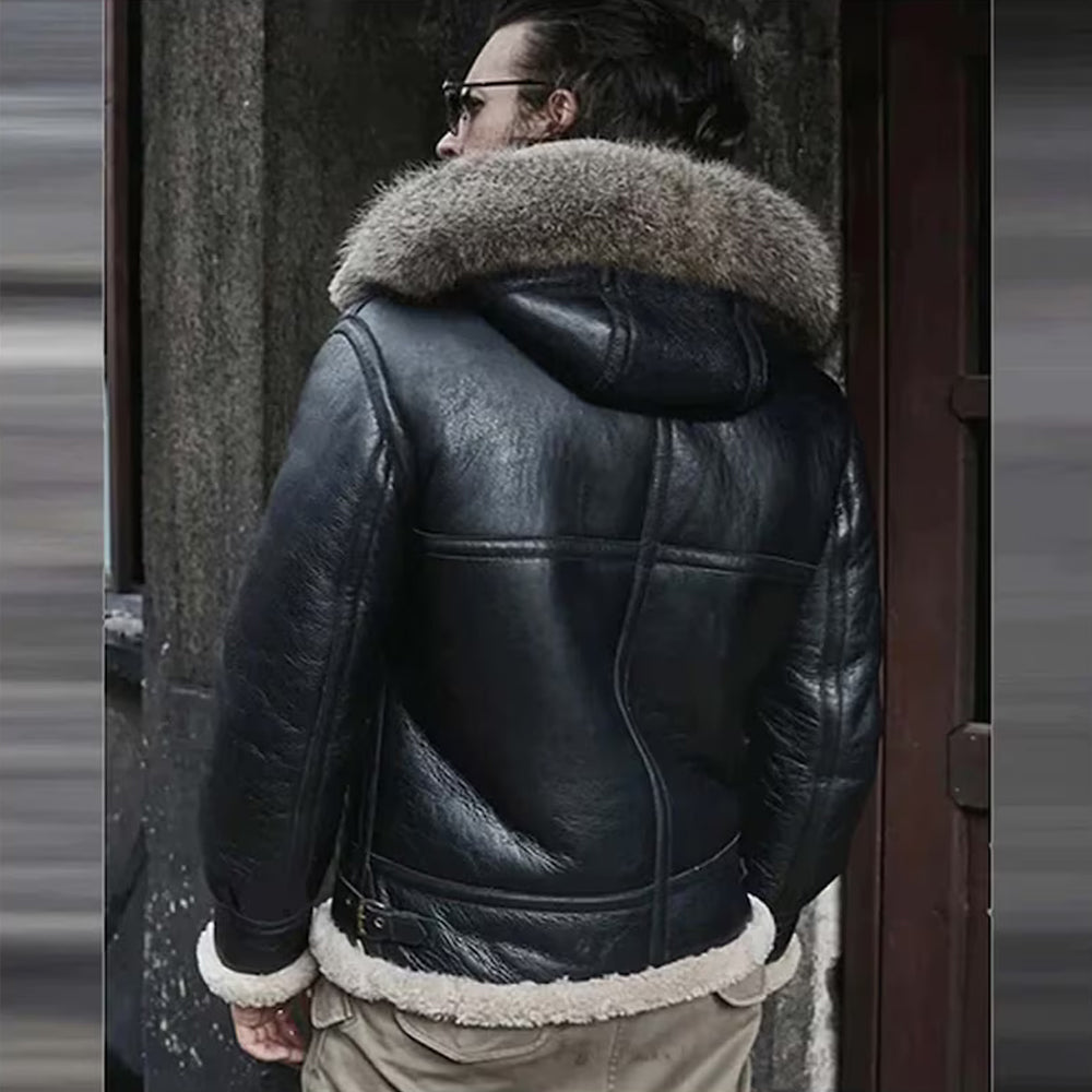 Back View of Men's Black Shearling Hood Jacket with Fur Trim