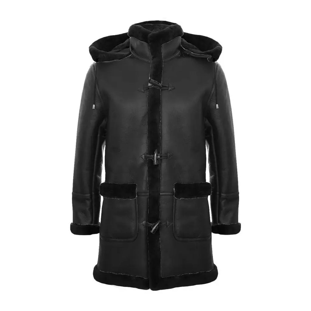 Black shearling coat with hood shown in alternate front styling