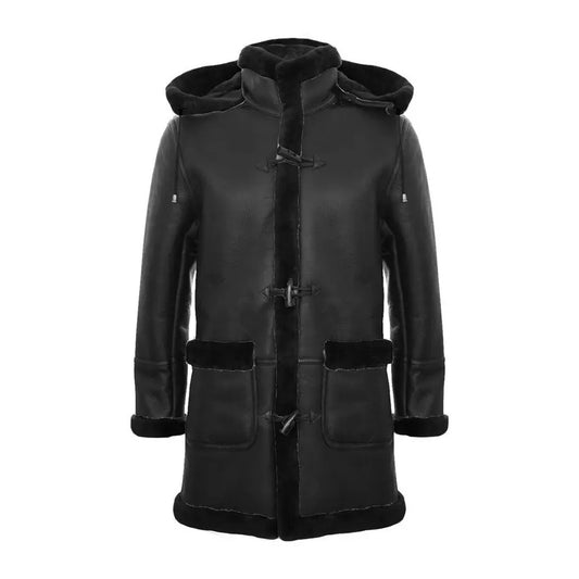Black shearling coat with hood shown in alternate front styling