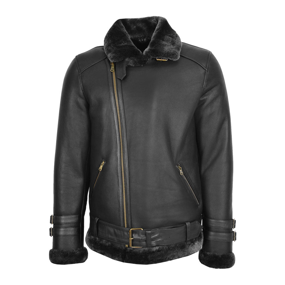 Front view of men's black shearling jacket zipped fully up displaying dark charcoal fur collar and throat latch