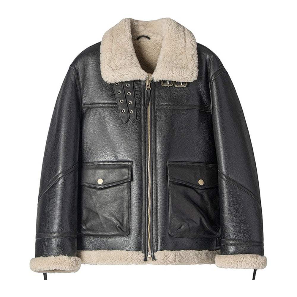 Front view of men's black grain sheepskin B-3 flight jacket featuring off-white shearling collar and front patch cargo flap pockets.