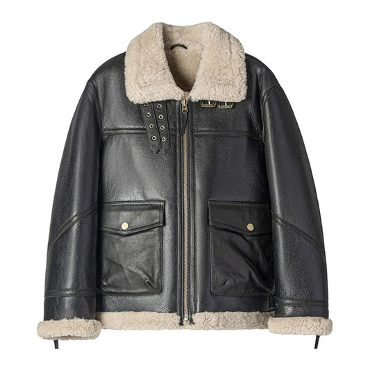 Front view of men's black grain sheepskin B-3 flight jacket featuring off-white shearling collar and front patch cargo flap pockets.