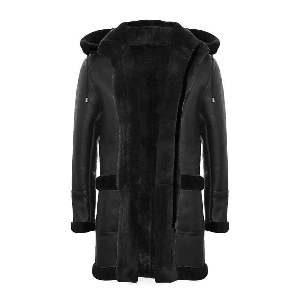 Open front view of black sheepskin duffle coat showing full shearling lining