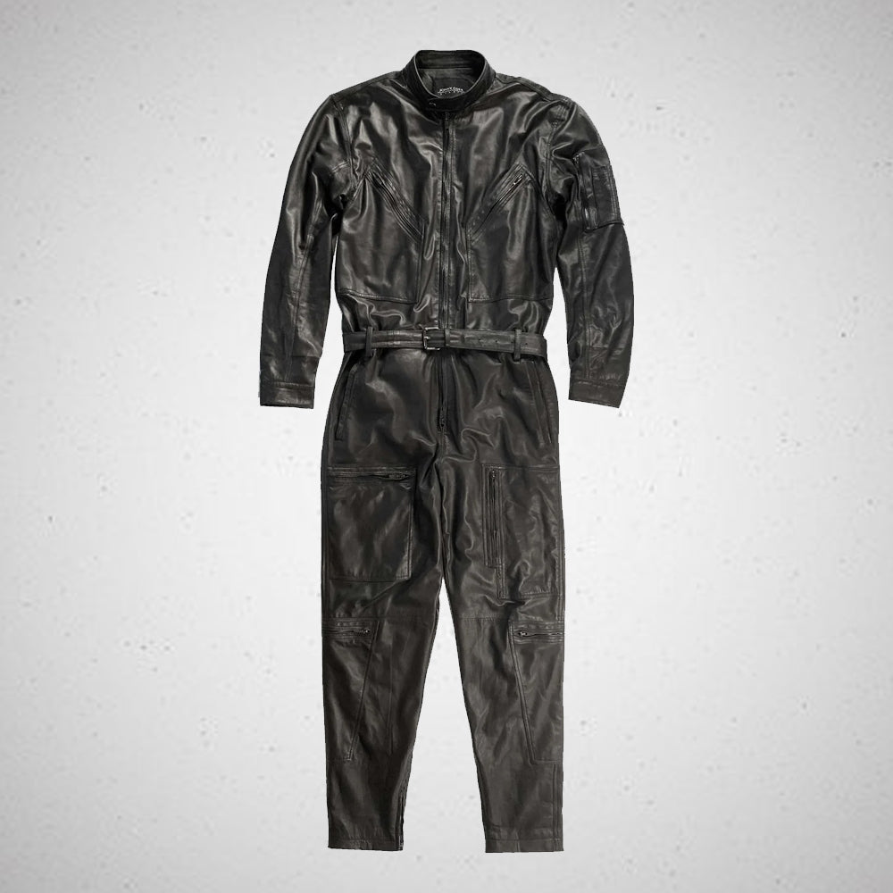 Front view of men's black sheepskin leather catsuit with zipper, snap collar, cargo pockets and waist belt