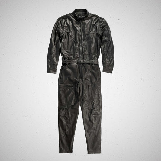 Front view of men's black sheepskin leather catsuit with zipper, snap collar, cargo pockets and waist belt