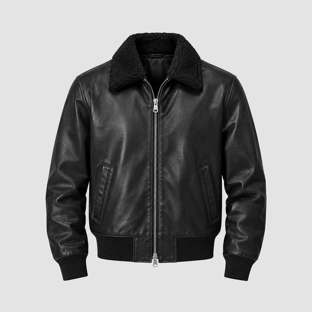 Front flat lay of men’s black sheepskin leather bomber with sherpa collar, two-way zipper and angled welt pockets