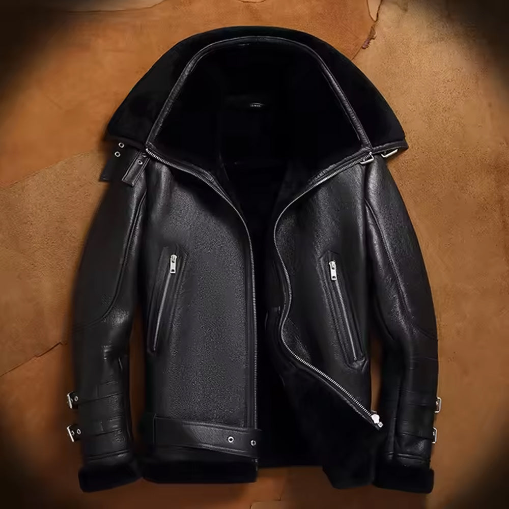 Men's Black Convertible Storm-Collar B-3 Jacket Flat Lay View
