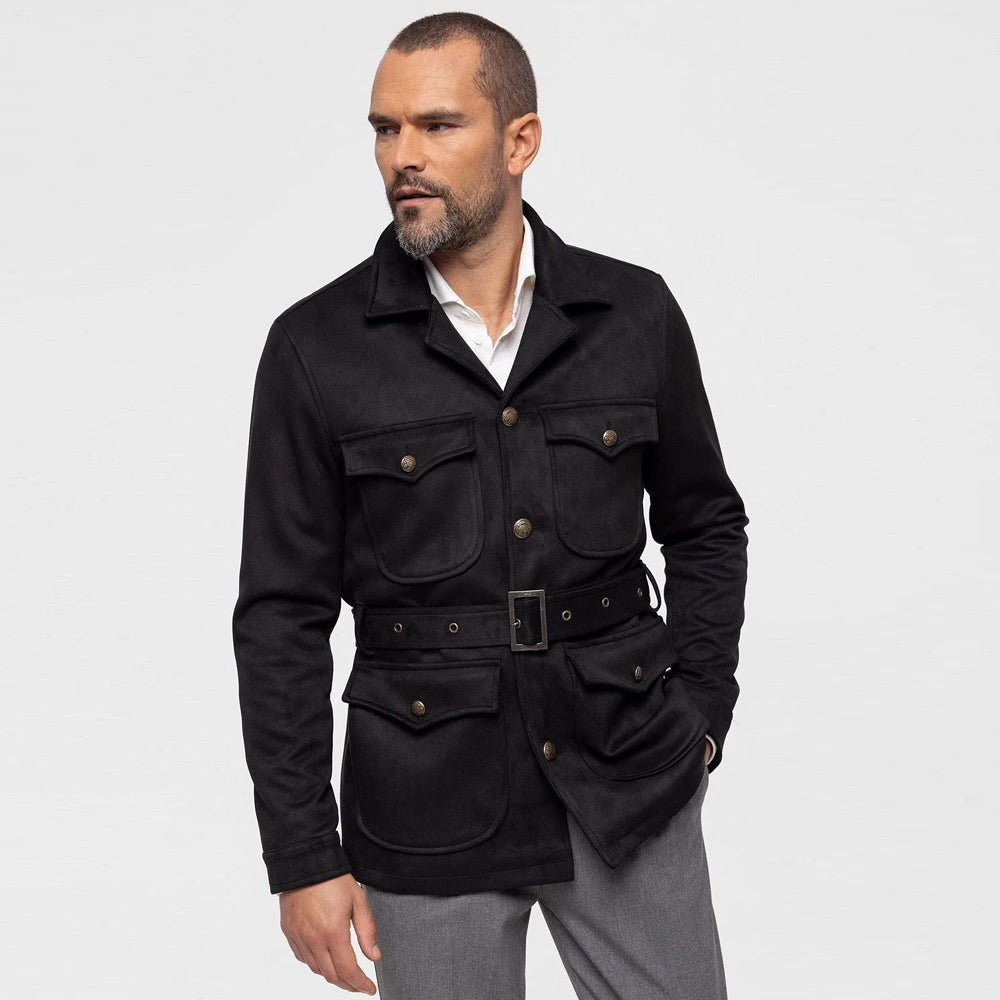 Side view of men's black suede leather jacket with belt buckle