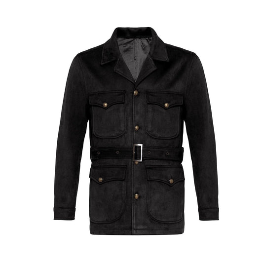 Men's Black Suede Leather Safari Jacket flat view with flap pockets