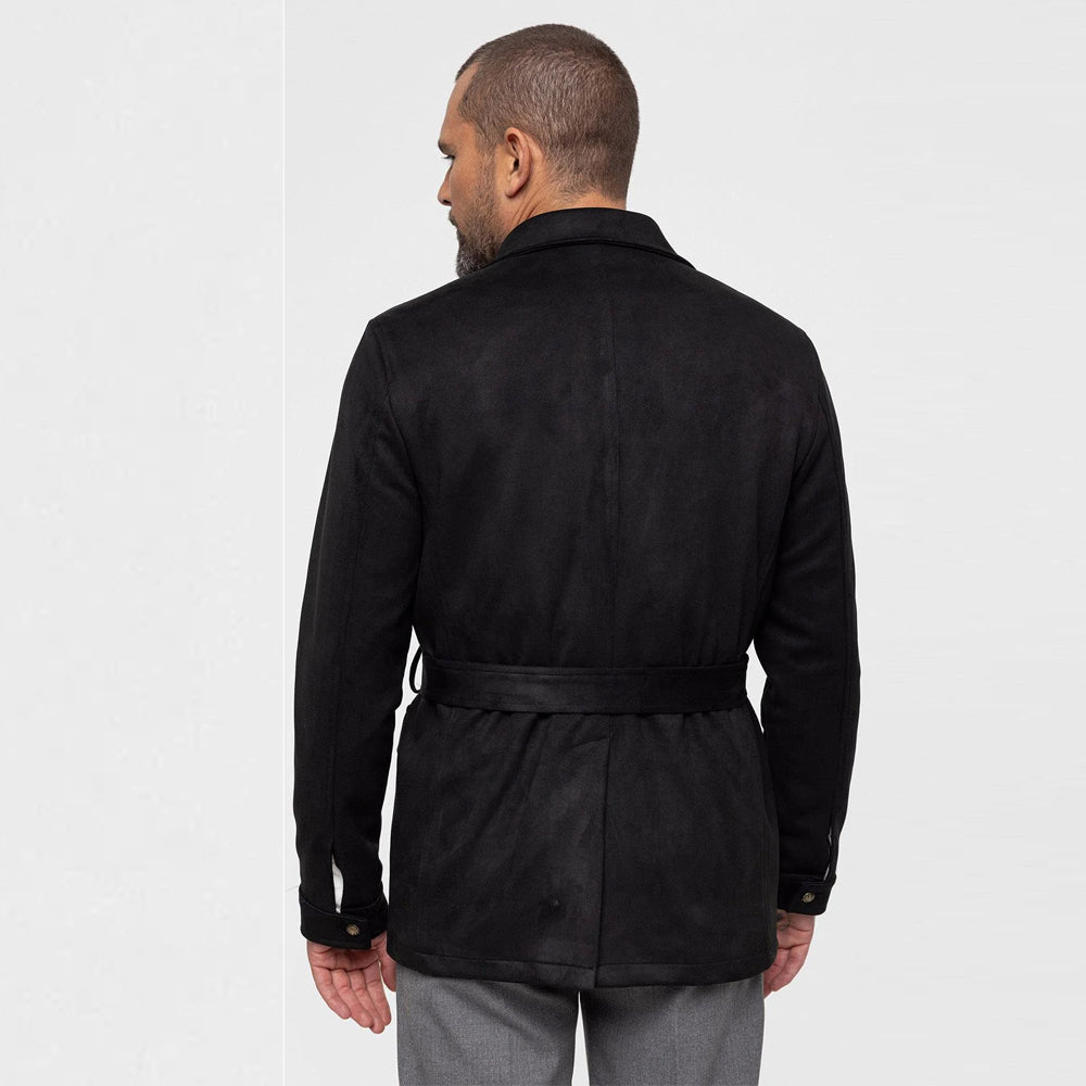 Back view of men's black suede safari jacket with belted design