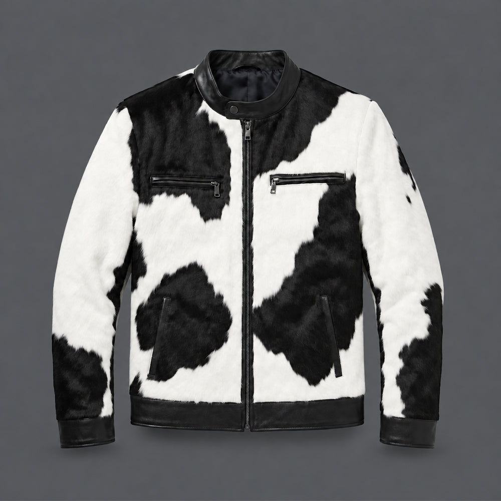Front view of men’s black and white hair-on cowhide cafe racer jacket with four pockets and stand collar
