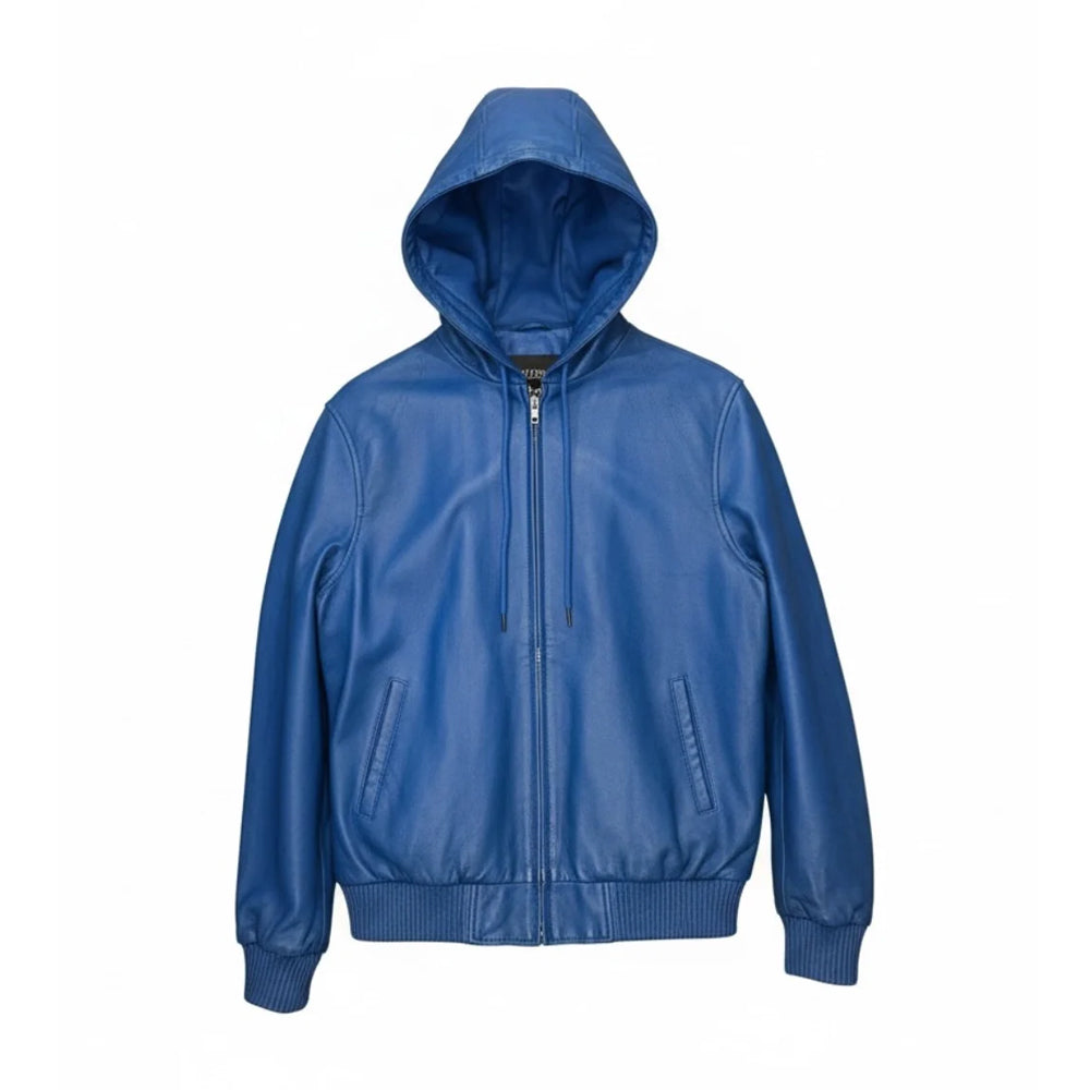 Product front view of men’s bright blue full-zip leather hoodie with angled welt pockets, tonal drawstrings and matching ribbed waistband.