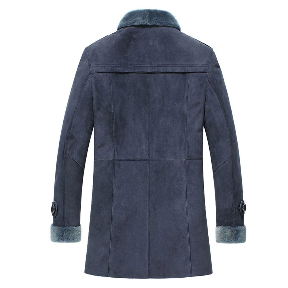 Men's blue shearling leather coat back view showing tailored fit and stitching
