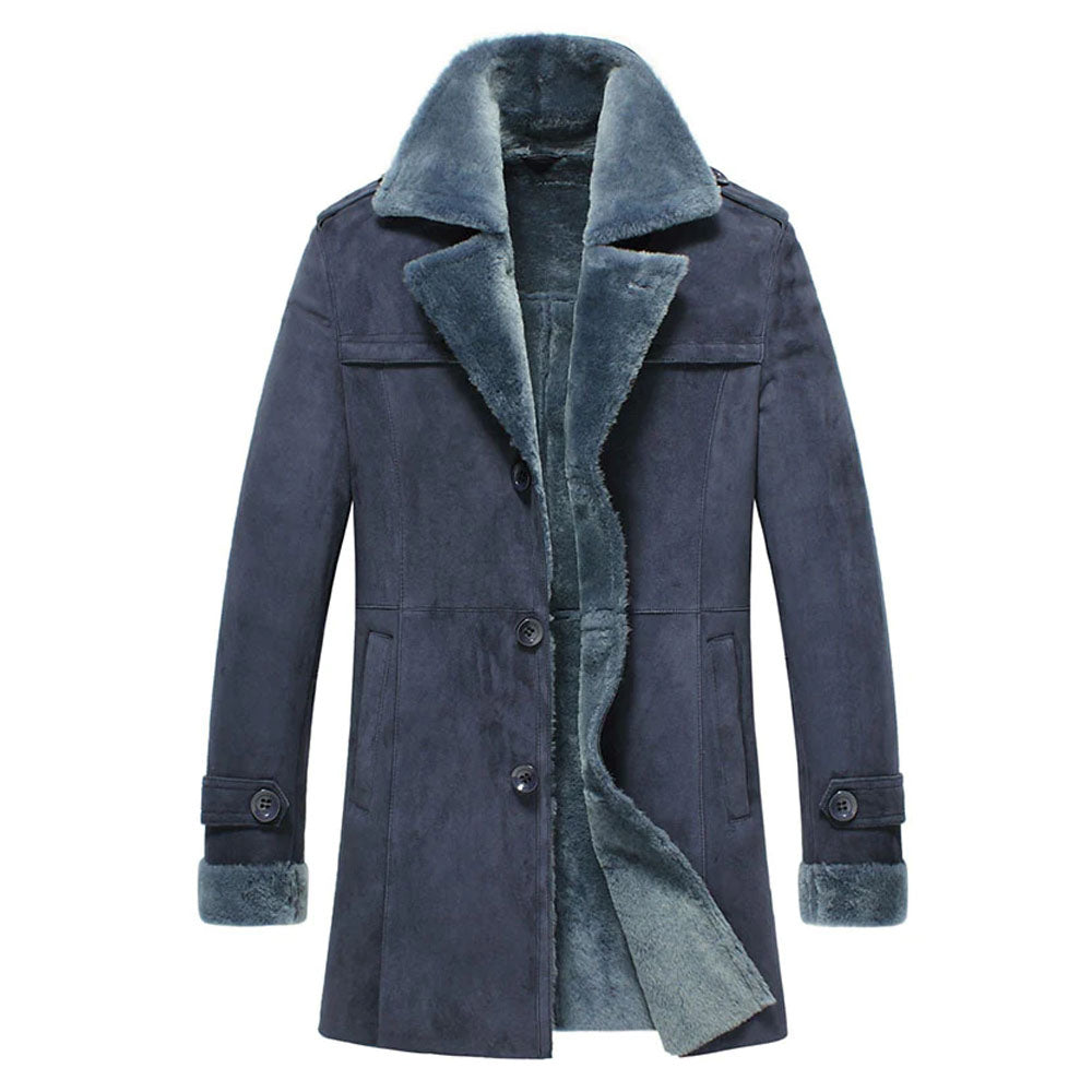 Men's blue shearling leather coat with fur lining and collar - front view