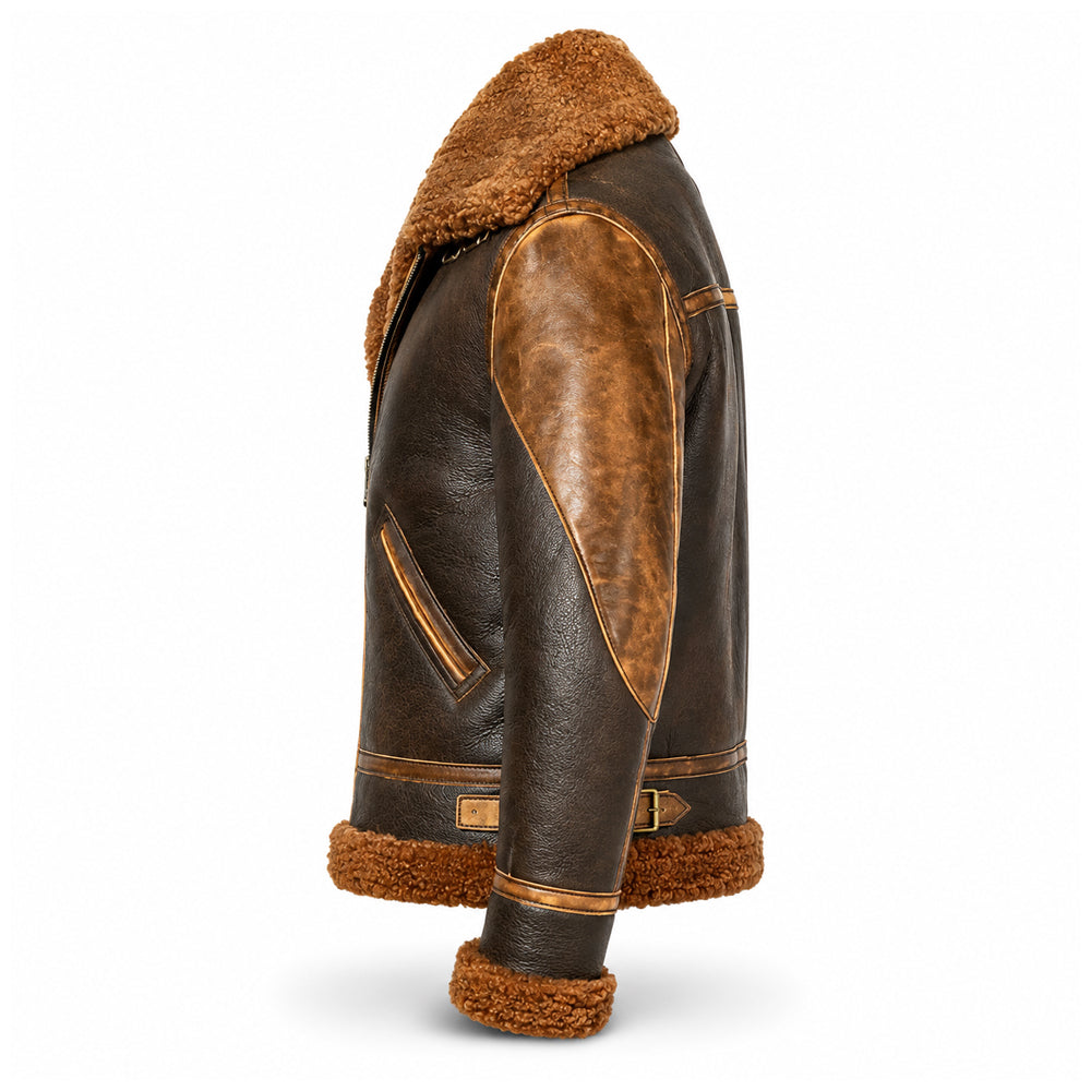 Side view of men’s brown B3 aviator jacket showing cognac shoulder panel, shearling trim and adjustable waist buckle