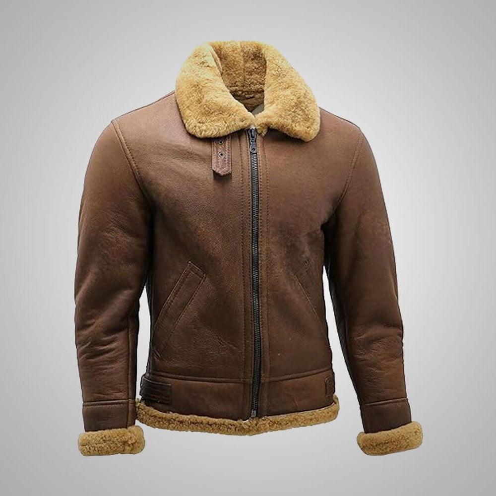 Angled front view of men's brown B3 flight jacket showing angled slash pockets and rolled shearling cuffs