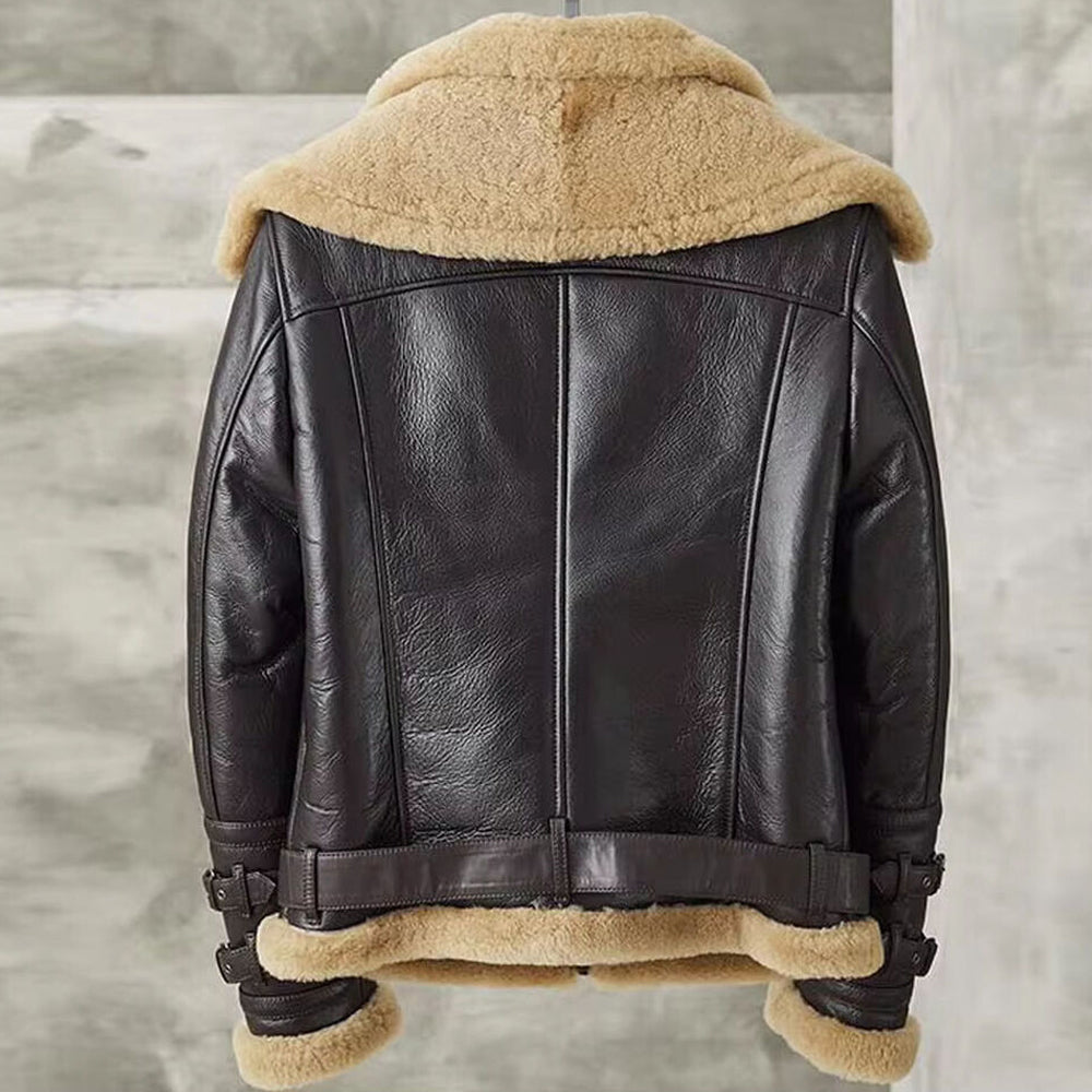 Back view of men's brown B3 shearling coat displaying spine seams and full perimeter waist belt