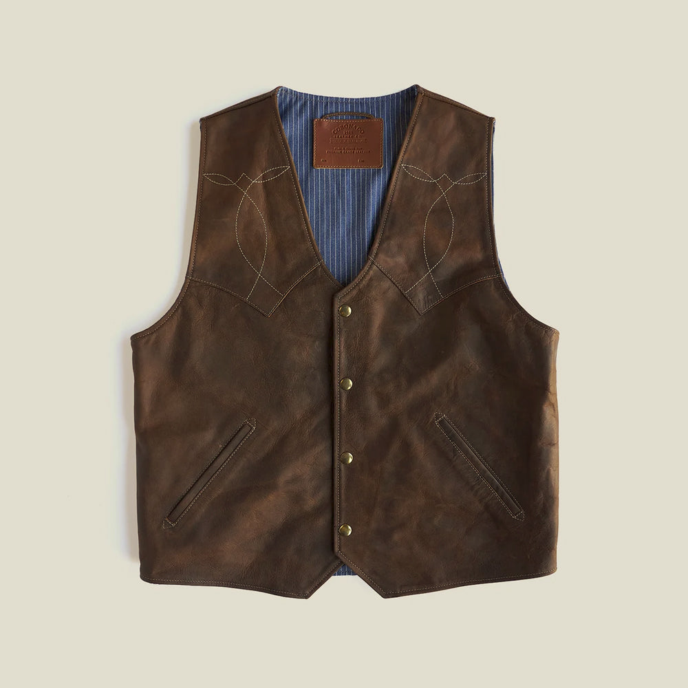 Front view of men’s brown bison leather vest with pointed Western yokes, contrast stitching and four snap closures