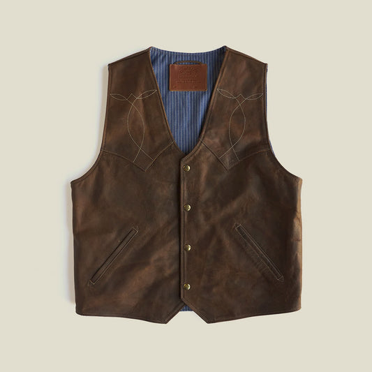 Front view of men’s brown bison leather vest with pointed Western yokes, contrast stitching and four snap closures
