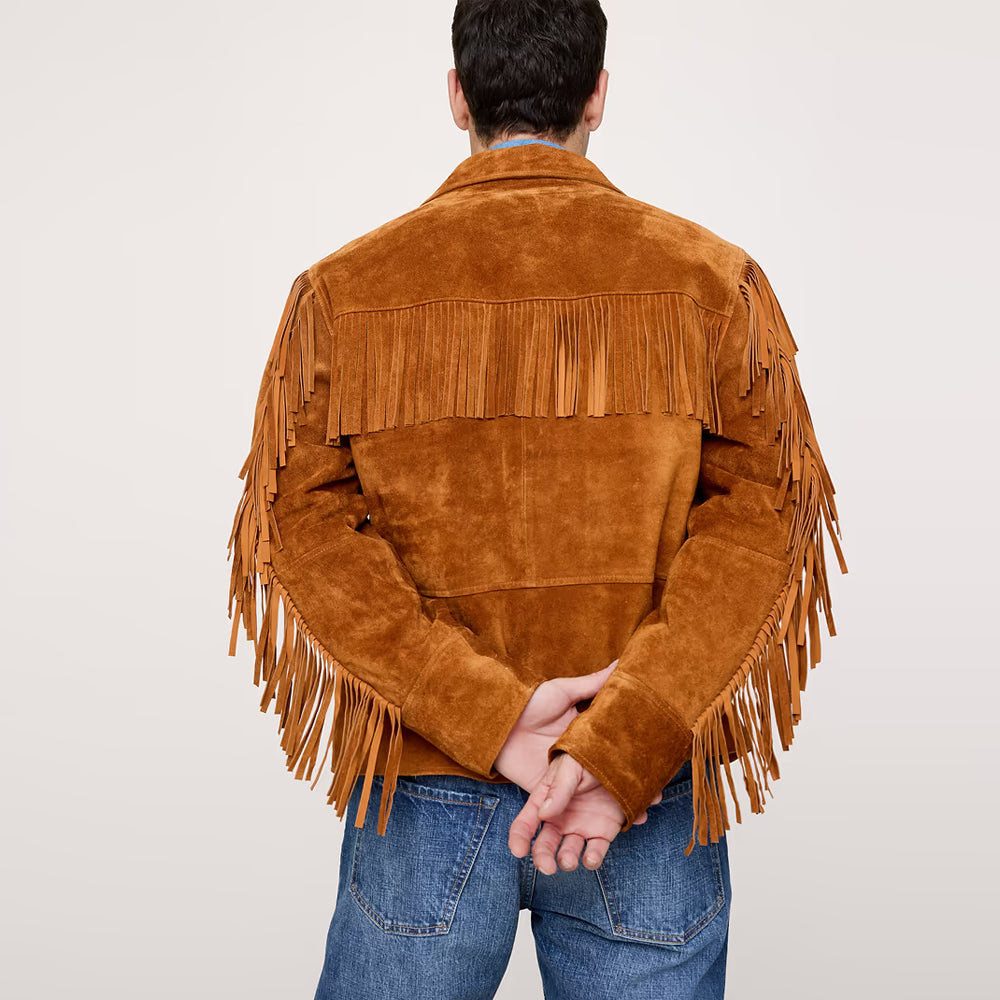 Back view of men's brown cowboy fringe jacket showing a full-width suede yoke, center seam and long outer-sleeve tassels.