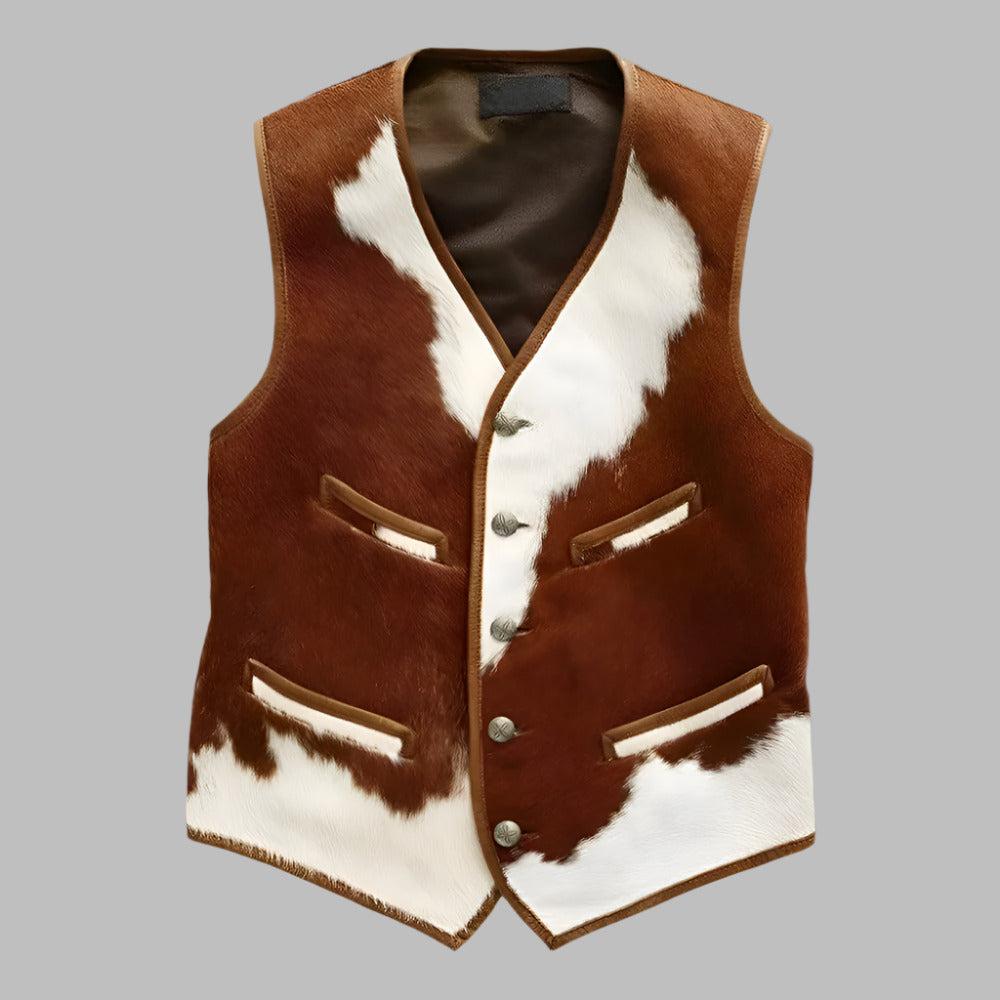 Front view of the men's brown cowhide leather western vest showing the natural hair-on texture.