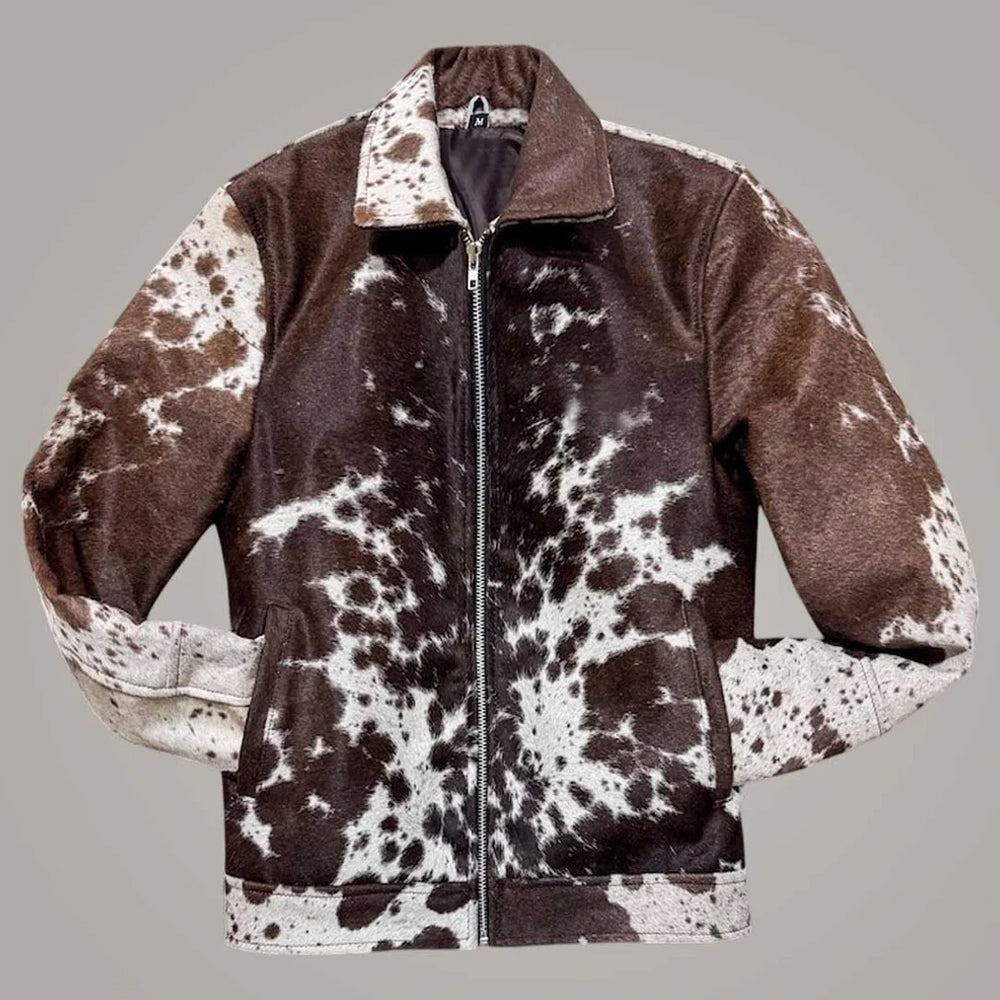 Front view of men’s brown and cream hair-on cowhide Western jacket with zipper and slanted pockets