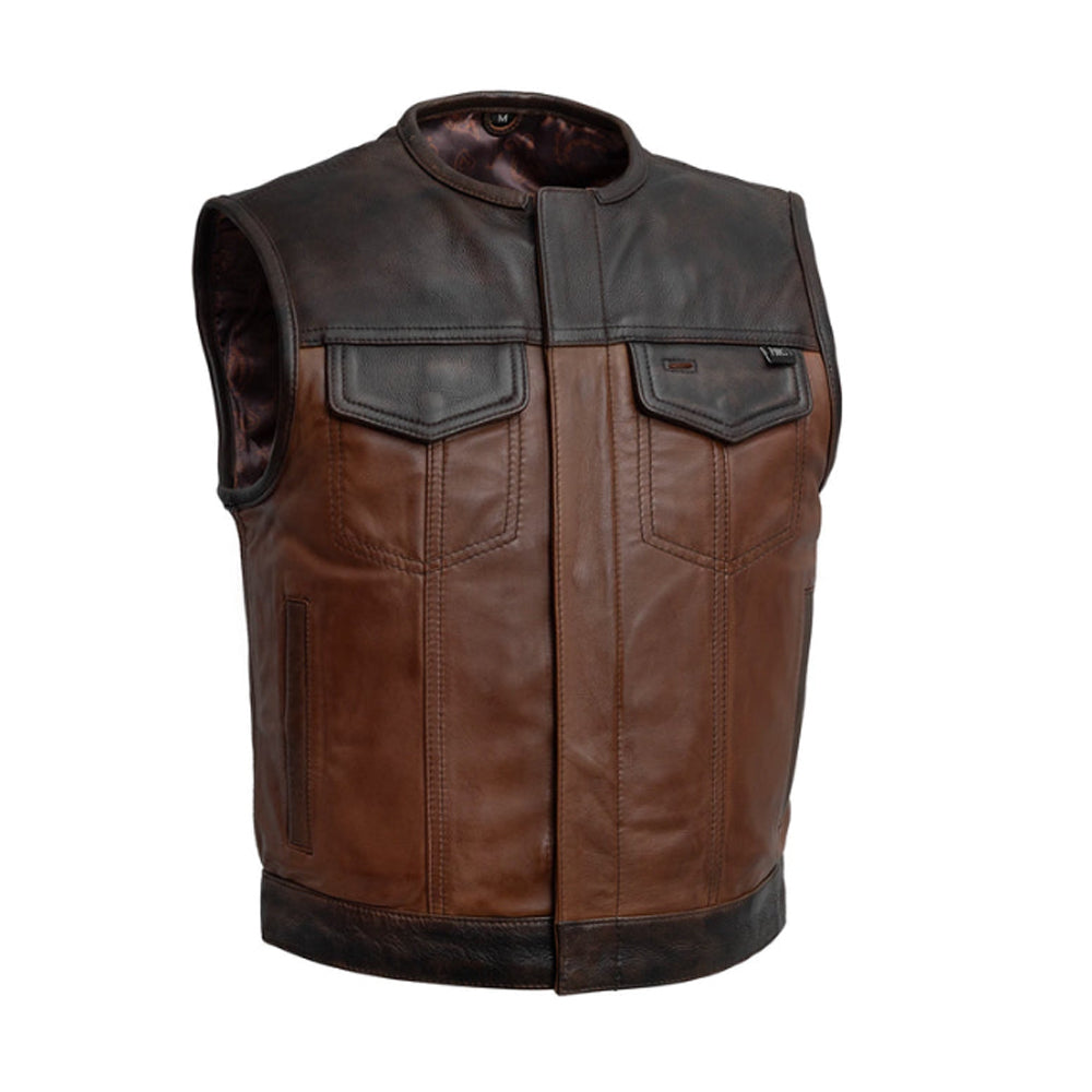 Three-quarter front view of men's brown leather club vest with dark yoke and snap-flap chest pockets