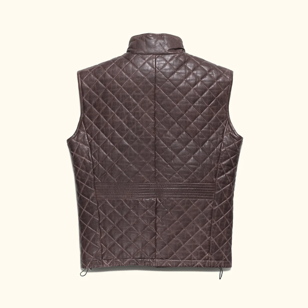 Rear profile view of the men's brown moto leather vest highlighting the clean seamless back panel.