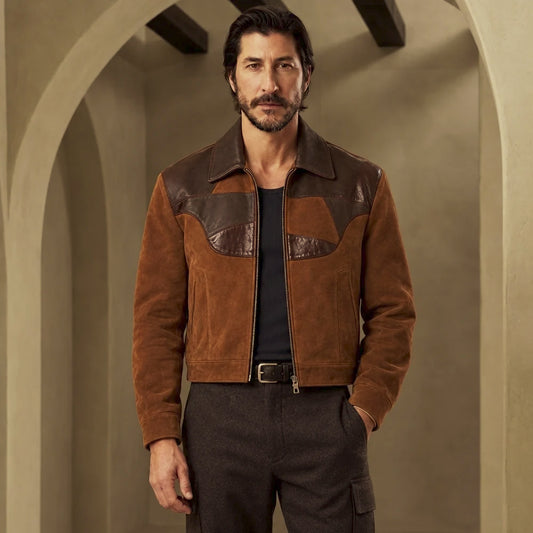 Front view of men’s brown patchwork suede jacket with chocolate leather Western yoke, spread collar, zip closure and angled welt pockets.