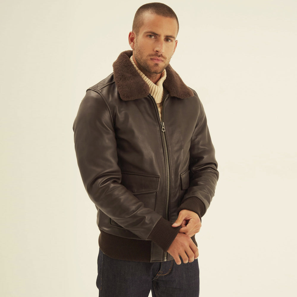 Front view of men's brown removable-collar bomber featuring metal zip, tonal ribs and covered utility pockets.