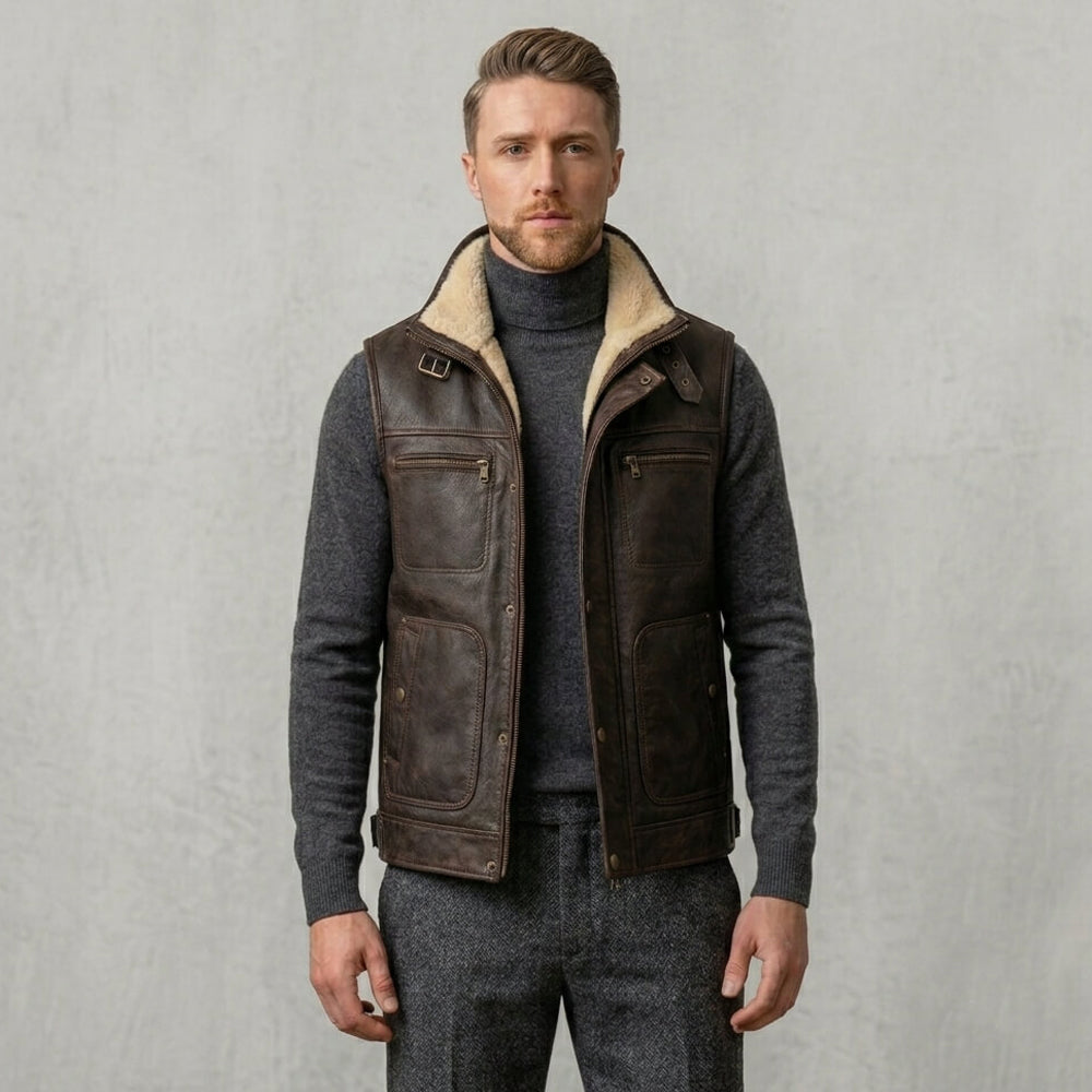 Model wearing a brown sheepskin leather vest with shearling collar, front view, zipper and pockets.