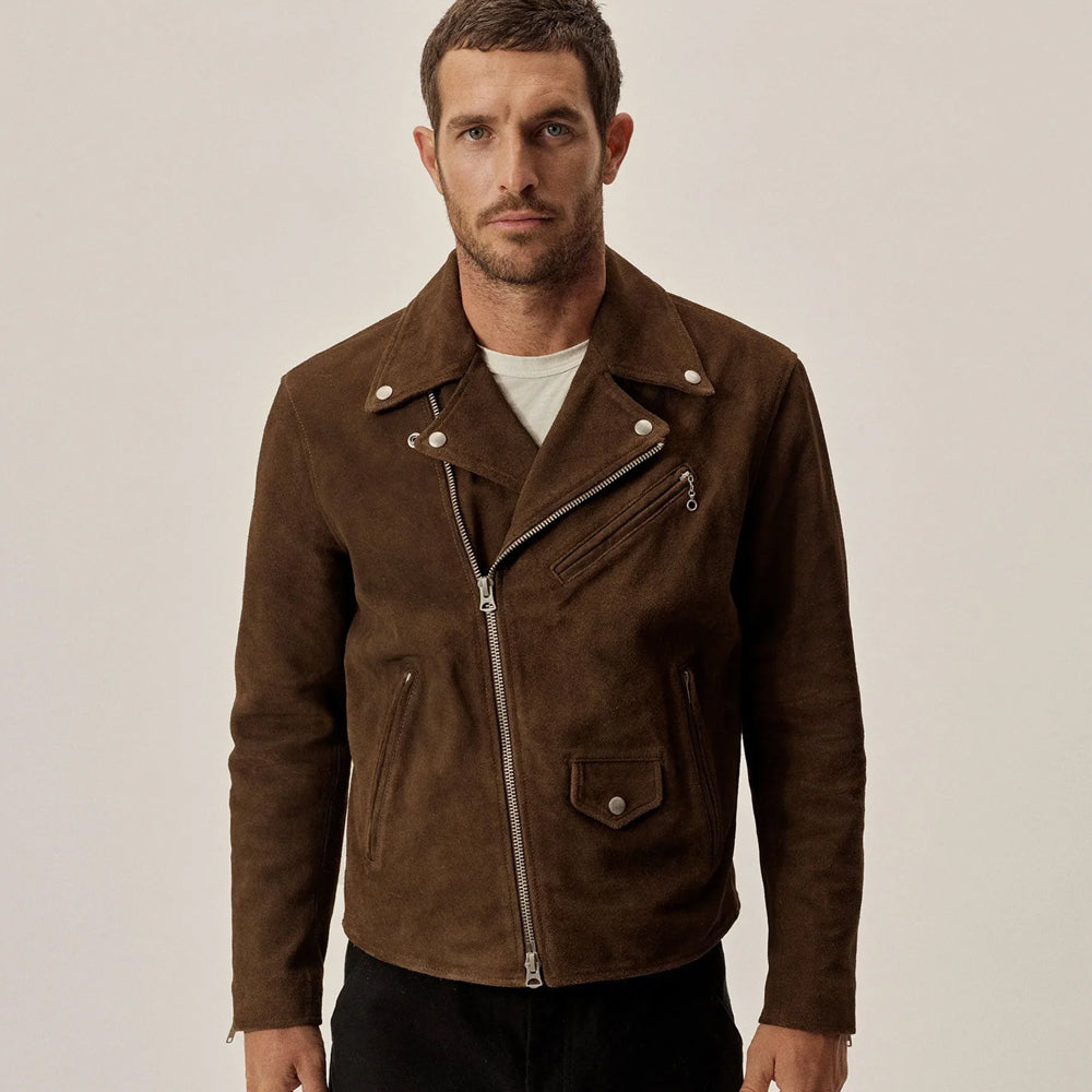 Front view of men's brown suede double-rider jacket with four pockets and silver-tone hardware
