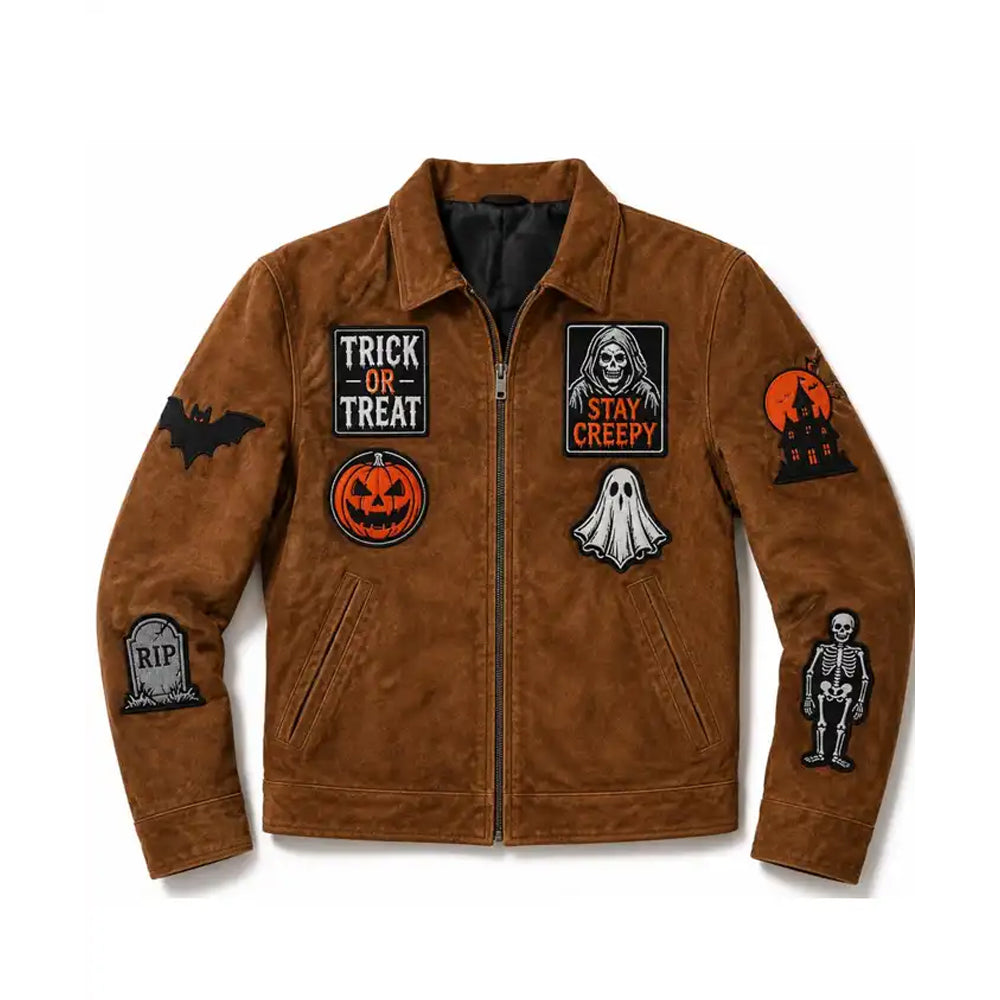 Front view of men’s brown suede Halloween jacket with pumpkin, ghost, bat, skeleton and tombstone patches