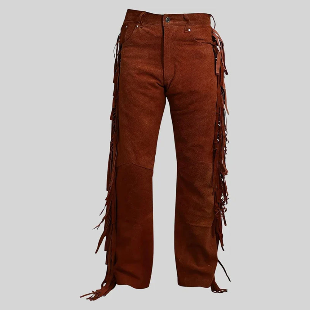 Front view of men's brown suede leather pants with Native American fringe detailing.