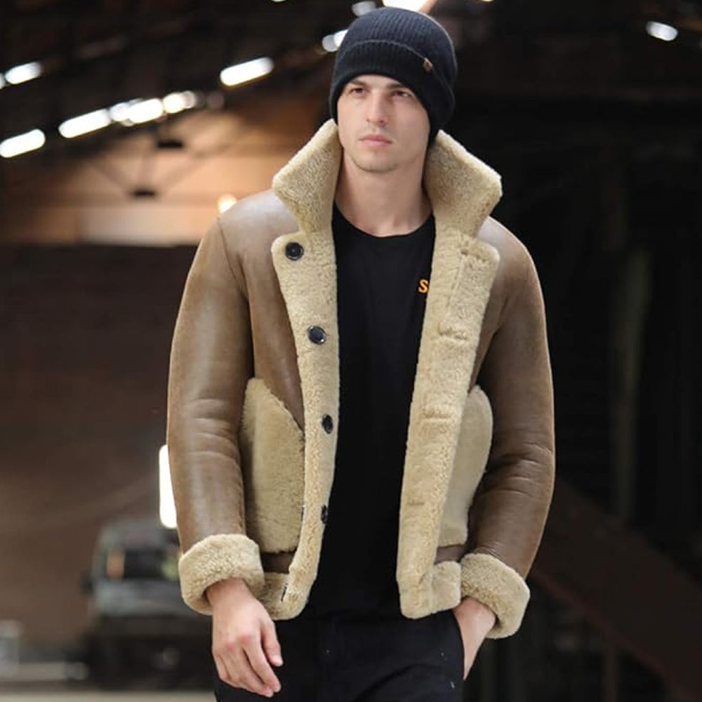 Men's Button-Front Camel Leather Jacket with Oversized Shearling Collar