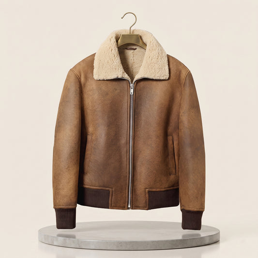 Front view of men's distressed camel tan sheepskin flight jacket featuring broad cream shearling shirt collar and dark brown ribbed hemband.