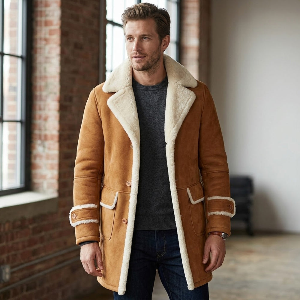 Man wearing camel tan shearling trim leather car coat indoors