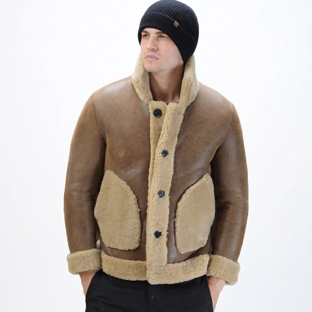 Men's Camel Button-Front Shearling Trapper Jacket Front View