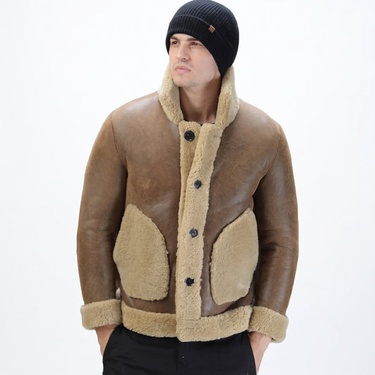 Men's Camel Button-Front Shearling Trapper Jacket Front View