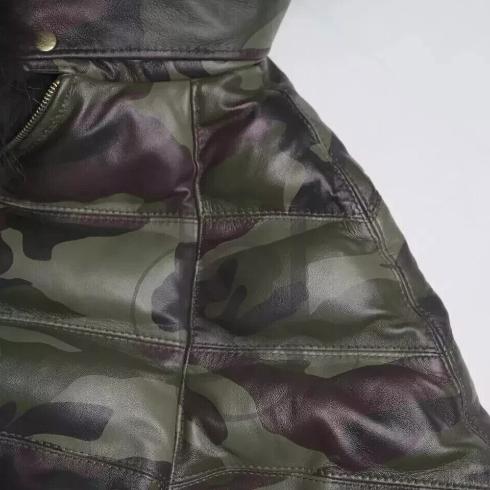 Close-up view of the premium handmade camouflage sheepskin leather panels showing detailed stitch work.