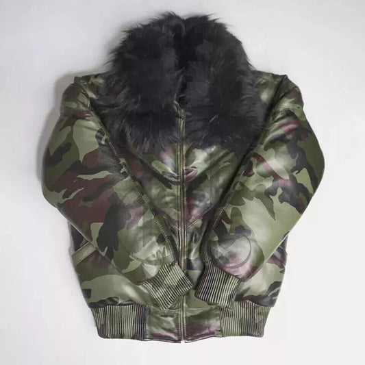 Front profile view of the men's camouflage lambskin leather V-bomber jacket showing the jet black fox fur collar.